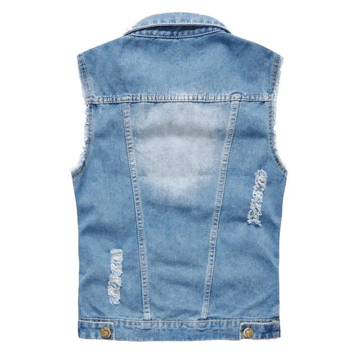 Veste Jean Sans Manche pour Homme Biker en jean Bleu