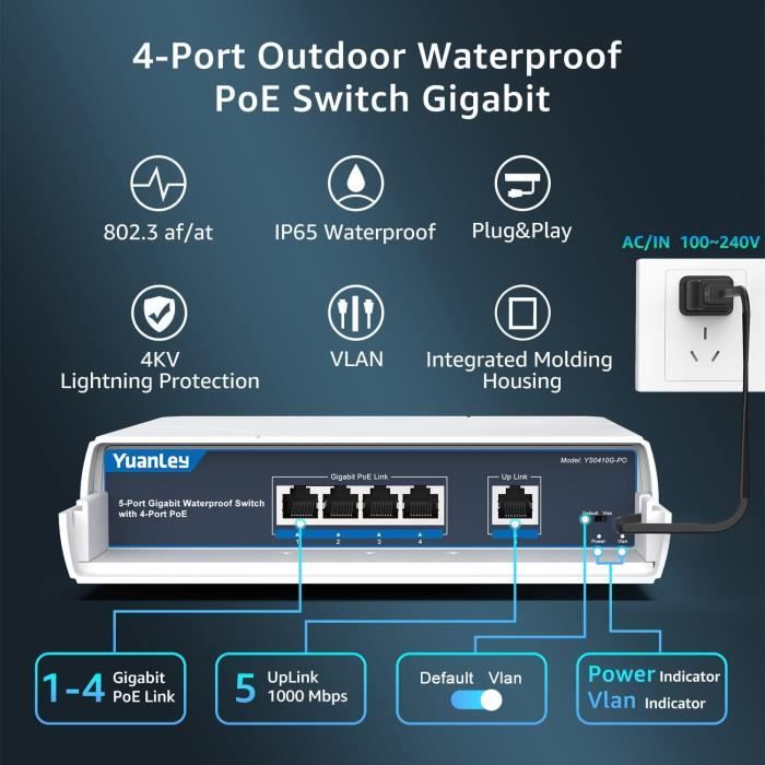 Switch Poe 4 Port Gigabit Étanche Extérieur Ethernet Non Géré ...