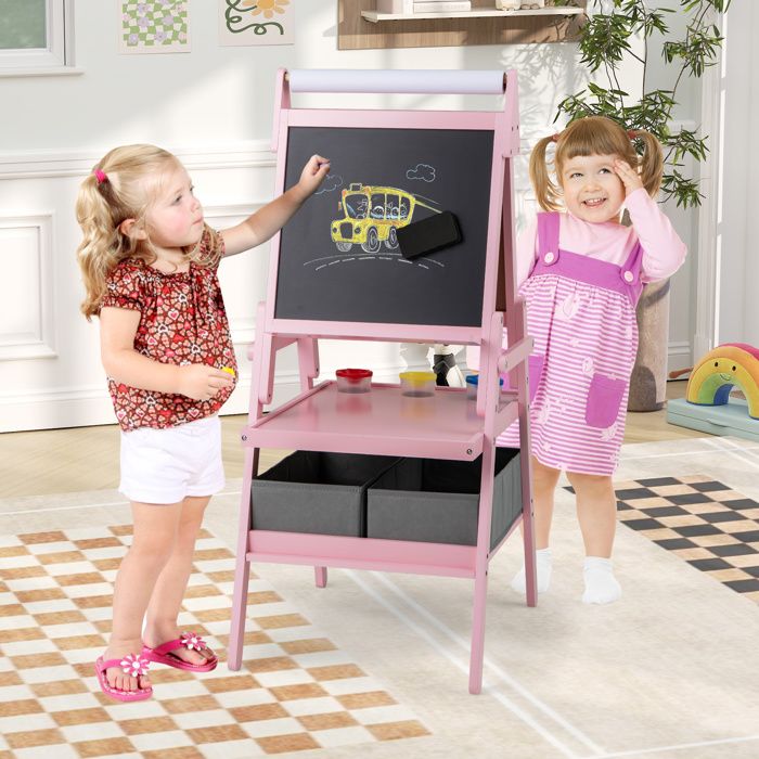 Homasis – Chevalet 3-en-1 En Bois – Tableau Blanc, Tableau Noir Et Rouleau Papier – Rangement Intégré – Pour Enfants De 3 à 6 Ans