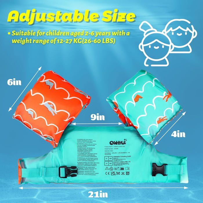 Brassard De Natation Confortable Pour Enfants – Attaches à Dégagement Rapide – Réglable Pour Cours De Piscine Et Thérapie – 16 X 16 X 7,5 Cm