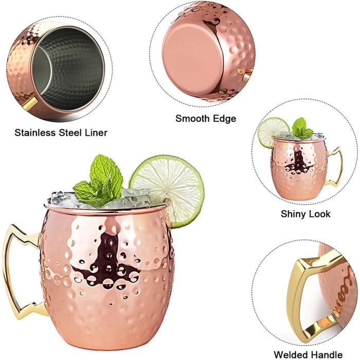 Tasses Moscow Mule Cuivre Tasses Moscow Mule En Cuivre ZOFUN - Lot De 4 Avec Pailles | 530ml | Pour Cocktails, Bière Tasse à Vodka Gingembre