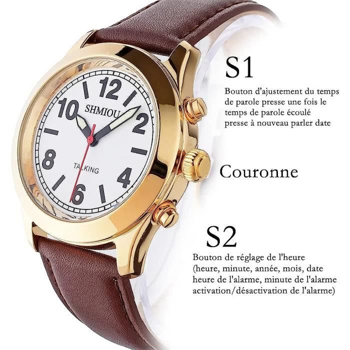 Montre Parlante Français Unisexe Pour Personne Âgée Or Bande De Cuir Marron  Aveugle Malvoyante Homme Femme Bracelet Montre-Br[u2149]