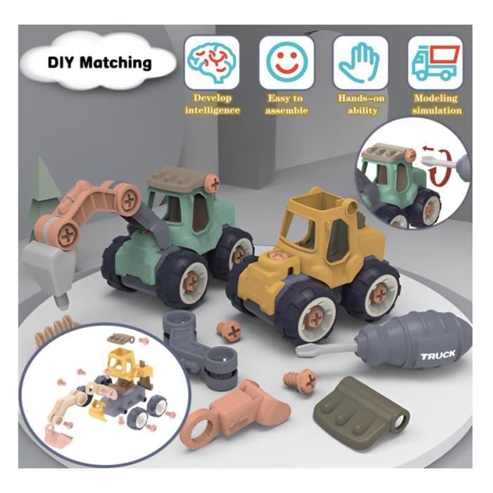 Set 4 En 1 Véhicules De Construction Démontables – Tracteur, Bulldozer, Pelleteuse – Avec Tournevis – Dès 3 Ans
