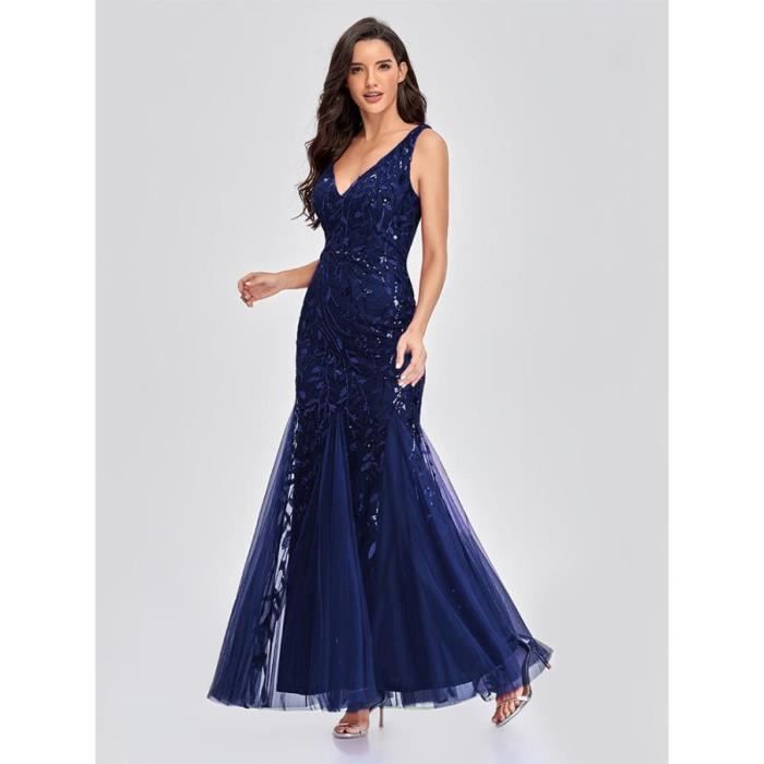 Robe de Soiree Femme Vintage HBSTORE Longue du Soir Mariage Col V sans Manche Bleu a Paillettes