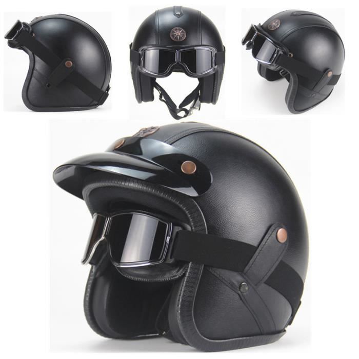 Casque Moto Vintage Demi-Coque Cuir - Lunettes UV Incluses - Taille Réglable 54-60cm - Noir
