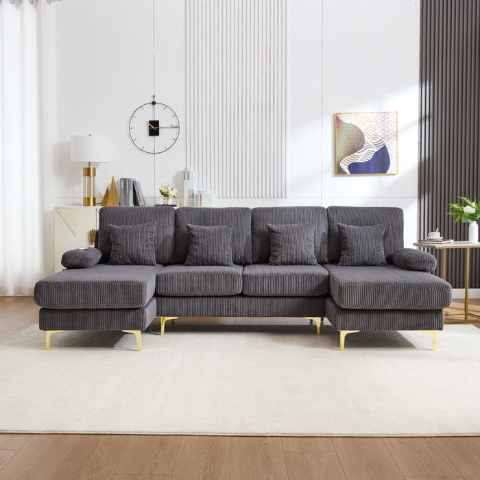 Canapé D'angle En U 4 Places Avec éclairage LED Et Port USB - Velours, Cadre Bois, Pattes Dorées, Couleur Jaune | Design Moderne, Spacieux Et Fonctionnel - 9