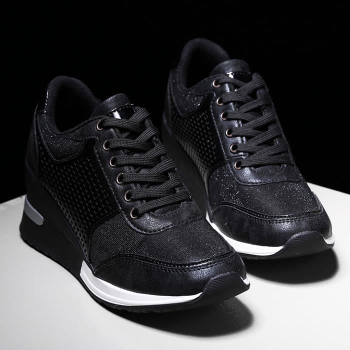 Chaussures De Sport Femmes Dames Confortables Baskets Compensees Mode Respirant Hesh Noir