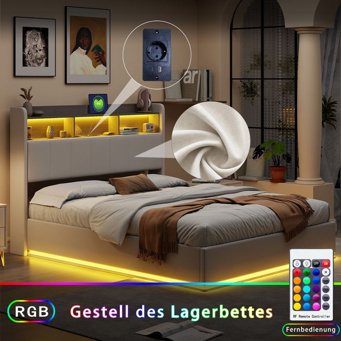 Lit Double 160x200 Avec Sommier LED, Rangements & USB - Tête De Lit Velours Blanc, Sans Matelas - 9