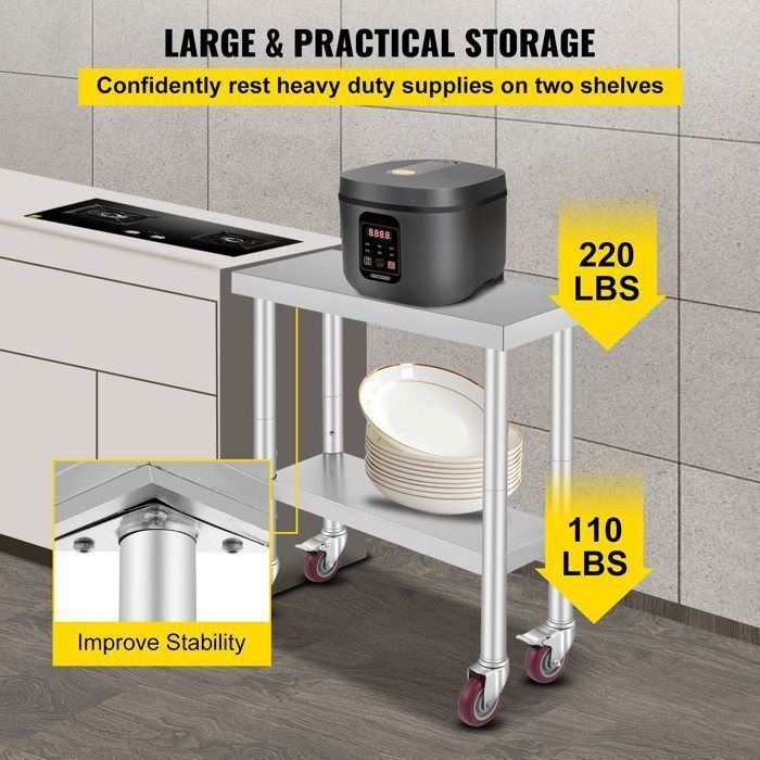 Table De Travail De Cuisine En Acier Inoxydable Avec Étagère Et Pieds Réglables - Meuble Préparation Robuste