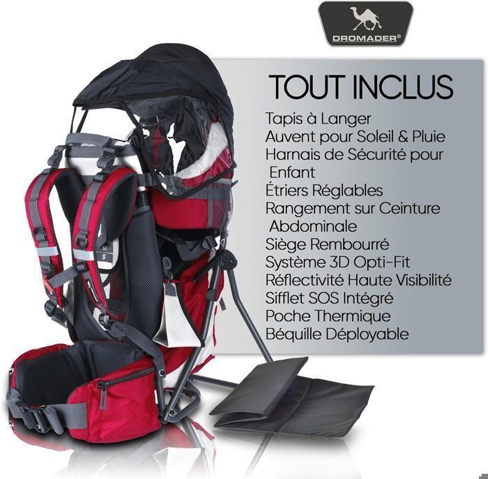 DROMADER Sac à Dos Porte-Bébé Randonnée - Jusqu'à 22kg Avec Pare-Soleil Et Housse Pluie