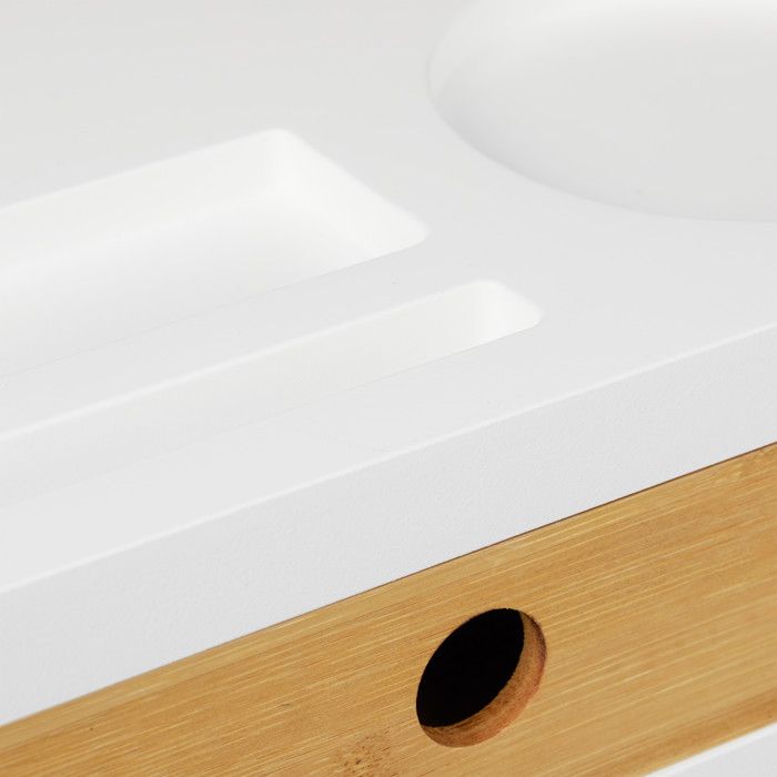Support Moniteur Bambou Relaxdays - Rehausseur Écran 2 Tiroirs - 60x30x14cm - Blanc/Nature