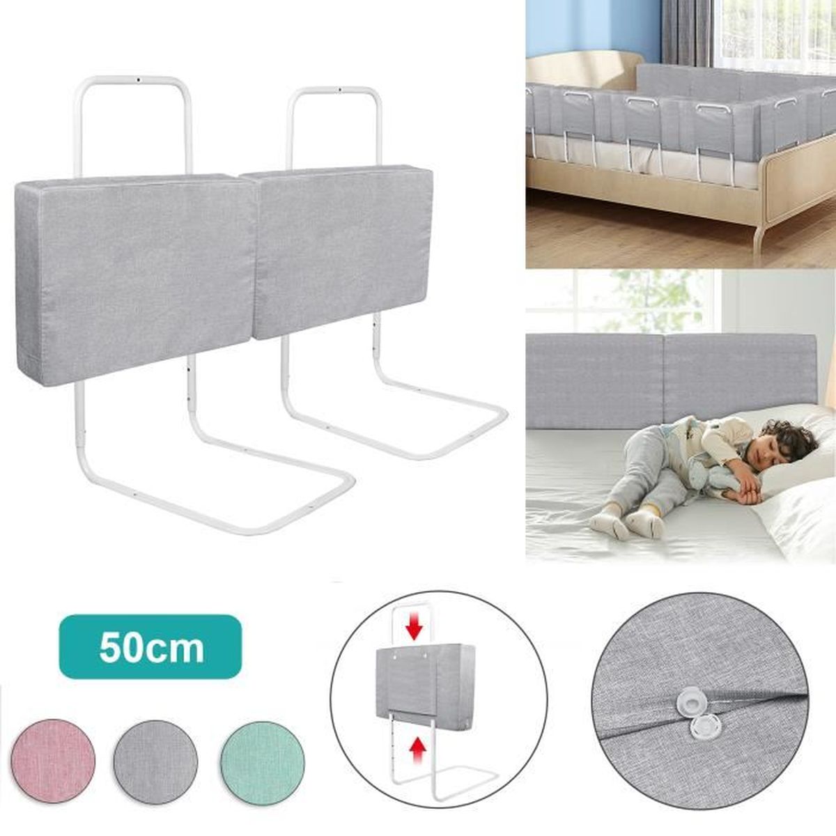 Barrière De Lit Réglable Pour Enfant - Hauteur 40-60 Cm, 5 Niveaux, Protection Anti-chute, Tissu Doux