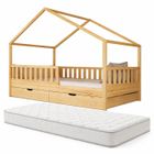 Lit cabane enfant 90x190cm avec MATELAS - Bois - Sommier à lattes et 2 tiroirs inclus - KONTARBOOR
