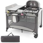 DREAMADE 5 en 1 Lit Parapluie Bébé Pliable avec Table à Langer, Matelas, Berceau Amovible, Roulettes avec Freins, 0-3 Ans, Gris