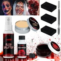 Maquillage Halloween Effets Spéciaux,Faux Sang en Spray+Cire De Cicatrice+Faux Gel Coagulé+Eau Cicatrice+Éponge+Grattoir,Halloween