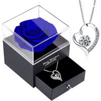 Rose eternelle avec bijoux, Collier femme avec Fleur artificielle Bleu, Pendentif coeur,chaine argent 925 femme,cadeau pour e