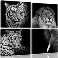 Tableau Décoration Murale animaux sauvages
100x100 cm Impression sur Toile tigre éléphant lion léopard composition Noir et blanc