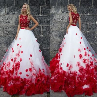 Robe de mariee deux pieces FANDI 3D fleur blanc rouge en dentelle romantique