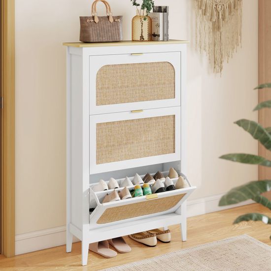 Meuble à Chaussures étroit Avec 2 Tiroirs Rabattables - Design Bohème Cannage - 80x24x115 Cm, Capacité 20 Paires - Pour Entrée, Couloir - 7