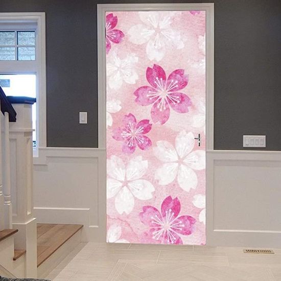 Sticker Porte 3D Fleurs De Cerisier Temples Japonais 77x200 Cm - Autocollant Déco Moderne