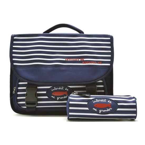 Ensemble Cartable Interdit de me Gronder Trousse Ronde Assortie Collection Rayures Bleu Marine Garcons 38 cm primaires Bleu Cdiscount