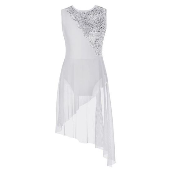 Oyolan Robe Danse Latine Fille Asymétrique Paillettes - Justaucorps Rumba ChaCha Salsa - Costume Danse Contemporaine Enfant