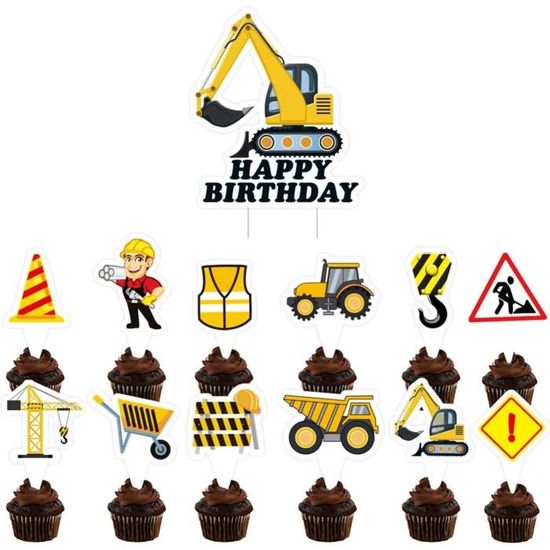 Décoration Gâteau Pelleteuse Enfant - Kit 5 Véhicules + 14 Panneaux, Jouet Chantier Pour Anniversaire Garçon - 12