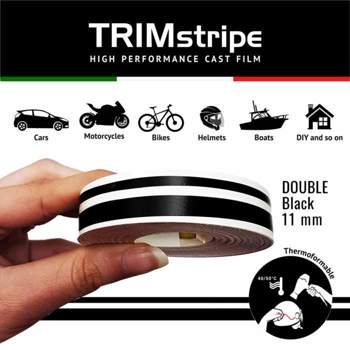 Trim Stripes Bandes Adhésives Doubles pour Voitures, Noir, 11 mm x 10 mt