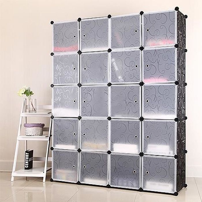 Armoire de Chambre Rangement 20 cubes Penderie Plastique, Meuble Rangement 20 Cubes Modulables Noir Blanc