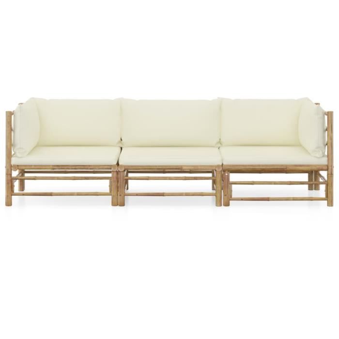 #58624 Salon de jardin 3 pcs Professionnel - Ensemble Table et Chaise de Jardin avec coussins blanc crème - Bambou Parfait