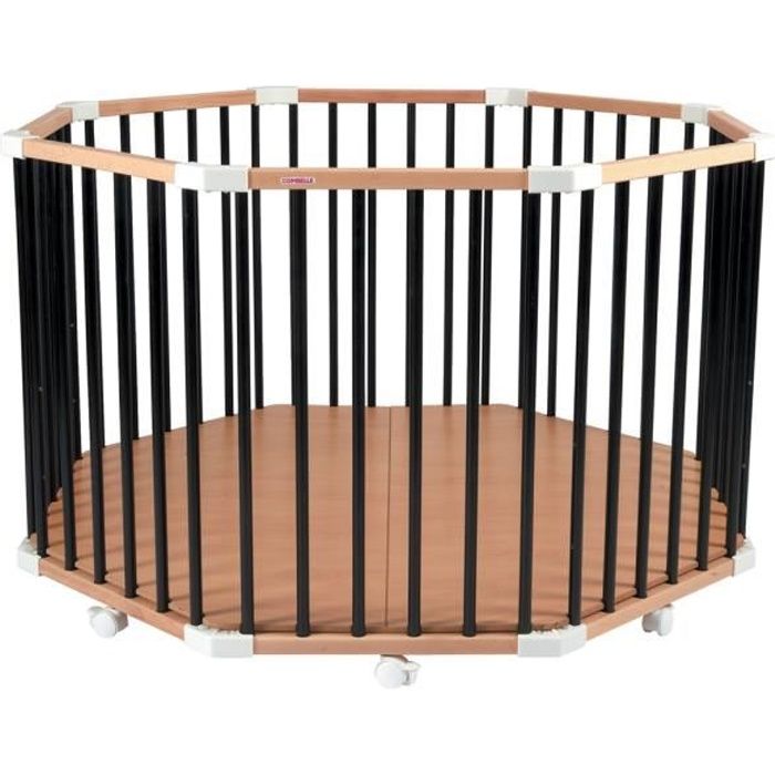 Combelle - Parc bébé rond Florian bicolore noir avec plancher réglable et roulettes - 108x108x67 cm