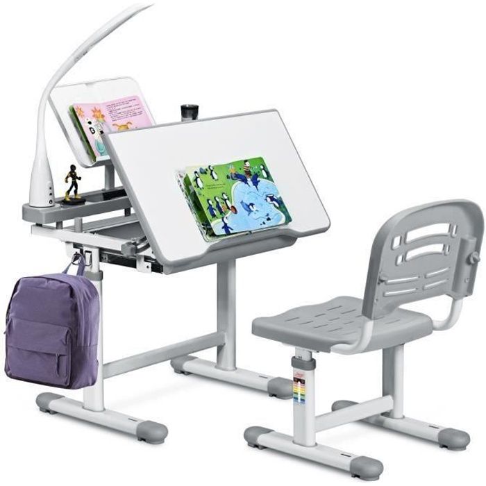 COSTWAY Ensemble Bureau et Chaise avec Lampe Enfants Inclinable 0-40° Hateur Réglable et Table à Dessin avec 1 Tiroir Gris
