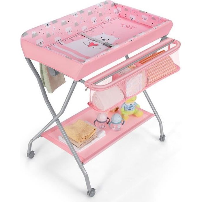 DREAMADE Table à Langer 4 en 1 Pliable avec Panier de Rangement, Table à Langer Roulante avec Ceinture de Sécurité, Rose