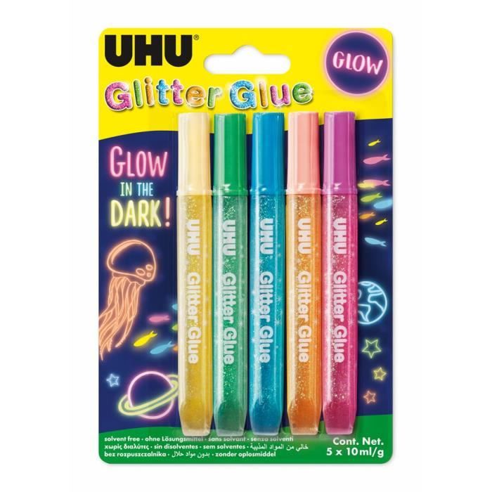 UHU GLITTER GLUE Glow in the dark 5x10ml