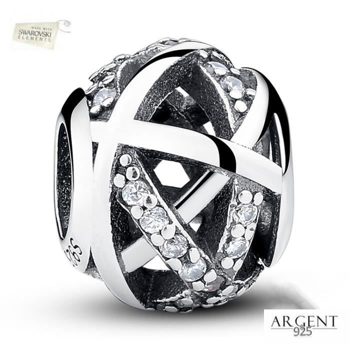 MERRILL® Charms Bracelet Argent 925 Compatible Pandora Bracelet - Breloque sphère creuse en cristal avec élément Swarovski