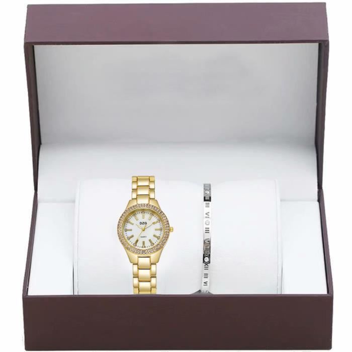 Coffret cadeau montre femme , montre à quartz élégante + bracelet de luxe, bracelet en acier inoxydable doré, cadran blanc