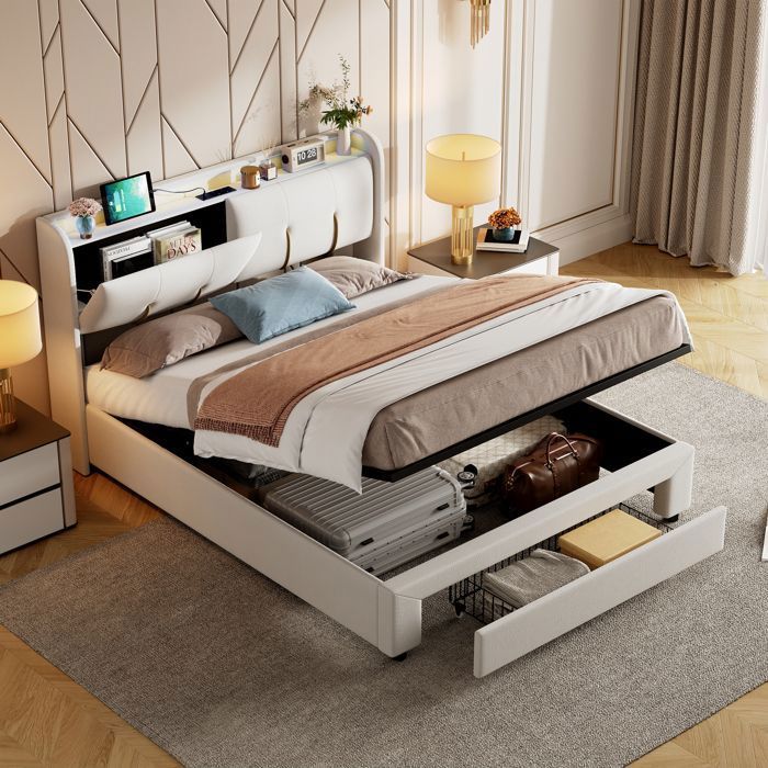 Lit capitonné 140×200cm avec rangement bande lumineuse LED port de chargement USB lit coffre lit adulte lit ado velours beige