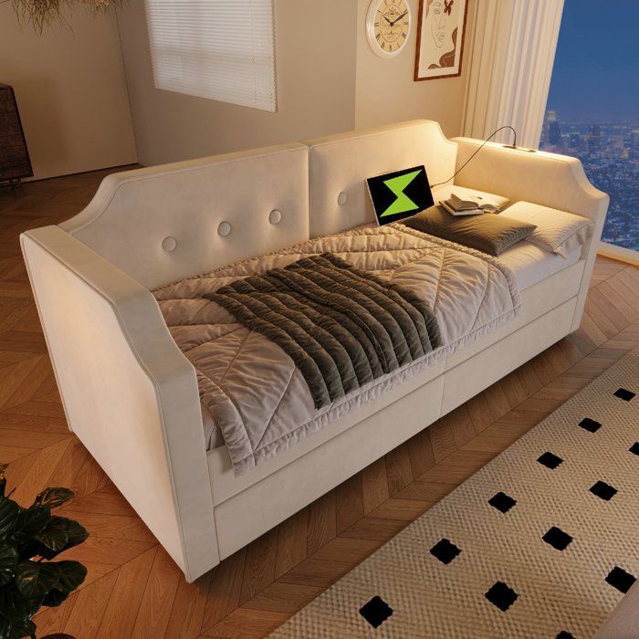 Canapé-lit - LANGTU - Capitonné - 90x200 cm - Velours beige - Lampe lecture USB Type-C