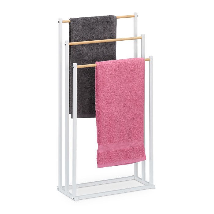 Relaxdays Porte-serviettes métallique 3 barres non fixe H x L x P : 86 x 44 x 21 cm blanc et nature