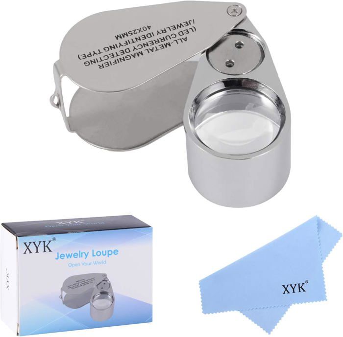 Loupe Pliable 40X Avec LED & UV - Métal Argenté, Lentille Verre 25 Mm | Pour Bijoux, Collection, Billets | Pile Incluse