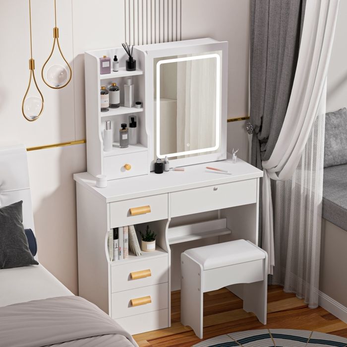 Coiffeuse avec miroir LED Tabouret Confortable Table de Maquillage Moderne 5 Tiroirs 6 étagères Blanc 80x36x125cm
