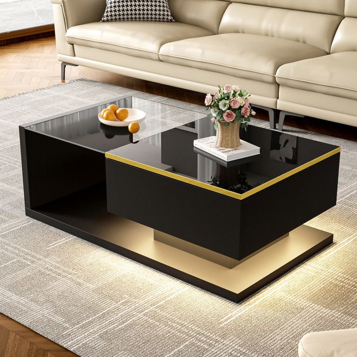 Table basse salon en Verre 90x50x325cm LED 1 Porte Compartiment Rangement Style Moderne et élégant Meuble Salon Noir brillant