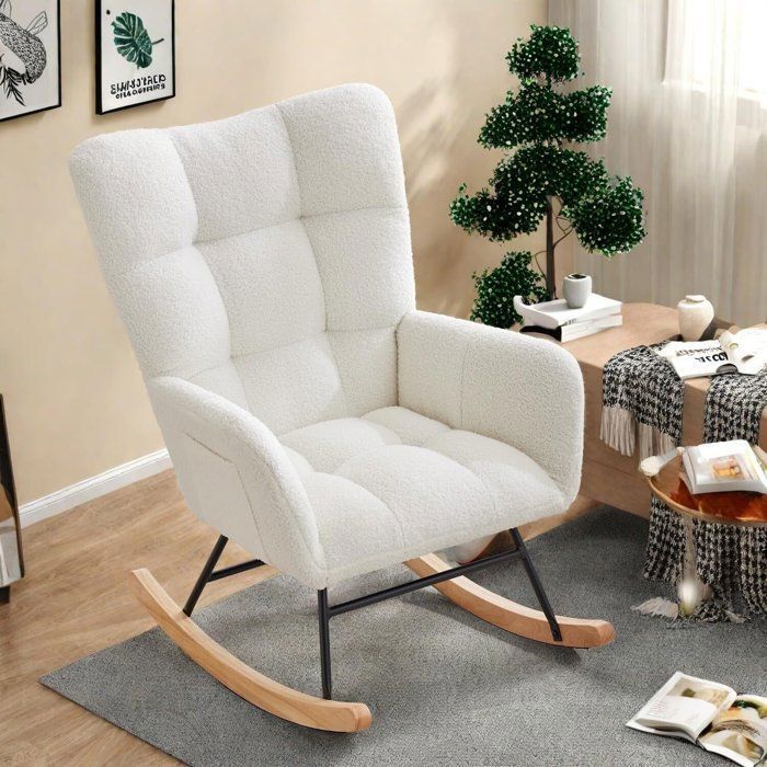 Fauteuil a Bascule - AFFI - BLANCHE - Scandinave - Rocking Chair - Pieds en Métal et en Bois Massif - Salon -chambre à coucher