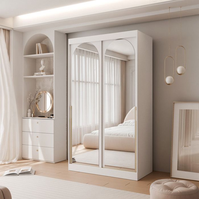 Armoire CLARITY - 7 compartiments - avec miroir - 120x65x215 cm - Poignées blanches / or