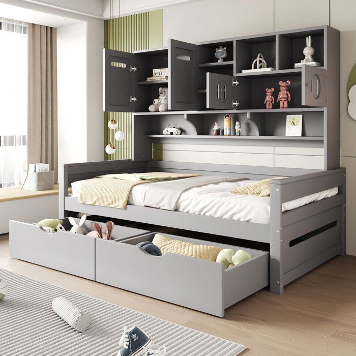 Lit simple multifonction - MERAX - 90x200 bibliothèque+tiroirs - Bois pin/MDF - 2 tiroirs - Sommier inclus
