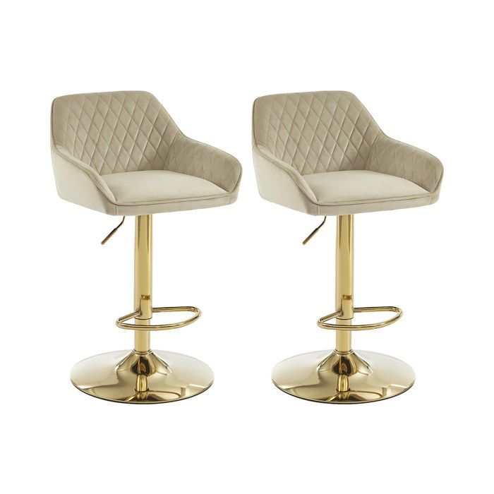 Lot de 2 tabourets de bar en velours et métal doré - Hauteur réglable - Beige - TAVOA