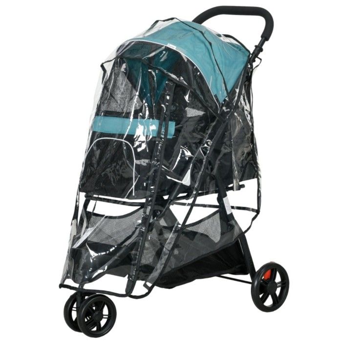 Poussette Animaux Pliable Bleu Noir-80.5x51.5x100cm Jusquà 10kg-Laisse Sécurité Housse Pluie Panier Transport Chien Confortable