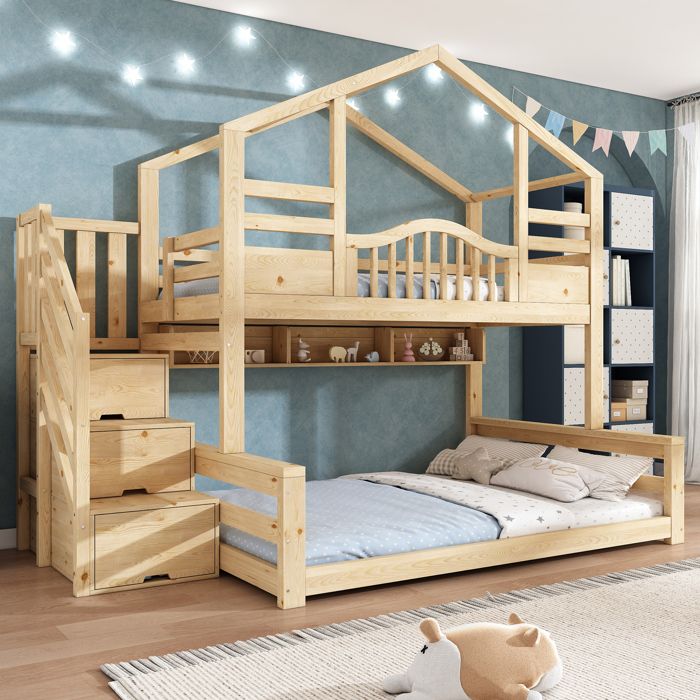 Lit Superposé Enfants Maison 90x200 + 140x200 cm avec Escalier Rangement Étagères Ouvertes et Barrière de Sécurité - Bois Naturel