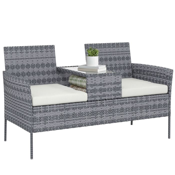 Banc de Jardin en résine tressée - Outsunny - 2 Places - avec Table et Coussins - 135 x 64 x 81 cm - pour Balcon et Terrasse - Noir