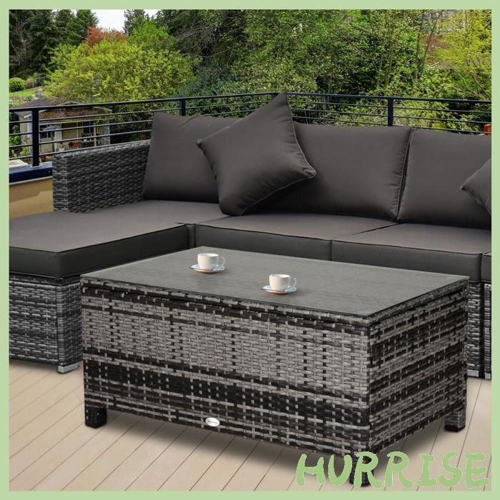 Cocosity Table Basse De Jardin Plateau Verre Trempé 5 Mm Rotin Tressé 85 X 50 X 39Cm Max. 70 Kg Gris